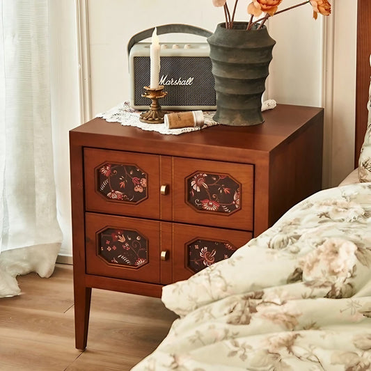 Luxury Solid Wood Retro Print Bedside Table Nightstand  Storage Cabinet with Drawers