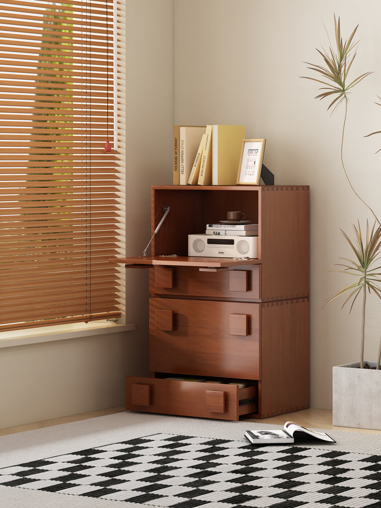 Retro Solid Wood Cube Storage Cabinet with Safety Door & Drawer Nightstands Bedside End Table