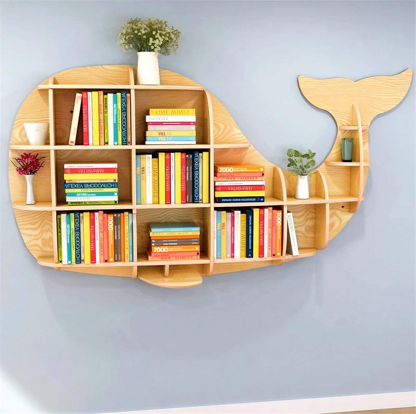 Wooden Bookshelves Whale Wall Animal Shape Bookshelf Kids Bookcases Storage Rack