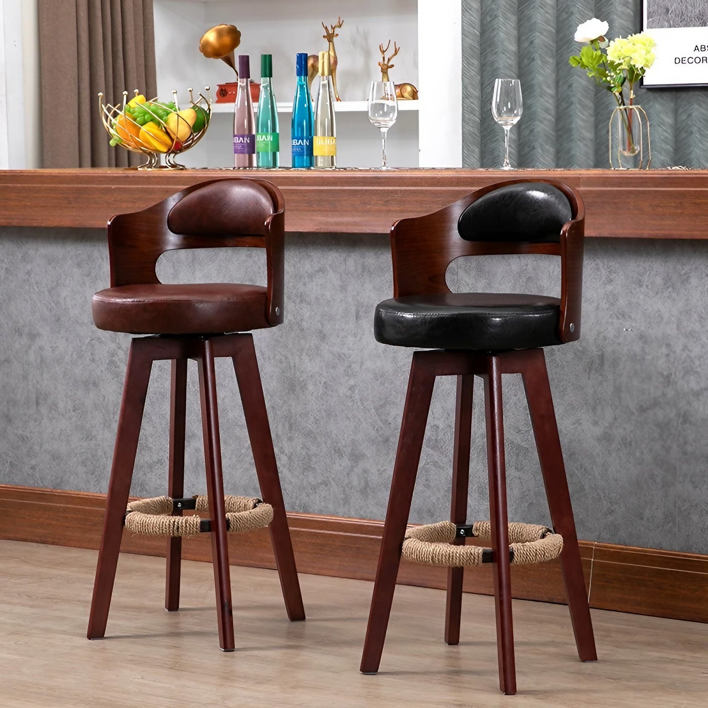 Cowhide Leather Wood Swivel Stools Counter Stools Bar Stools with Backs