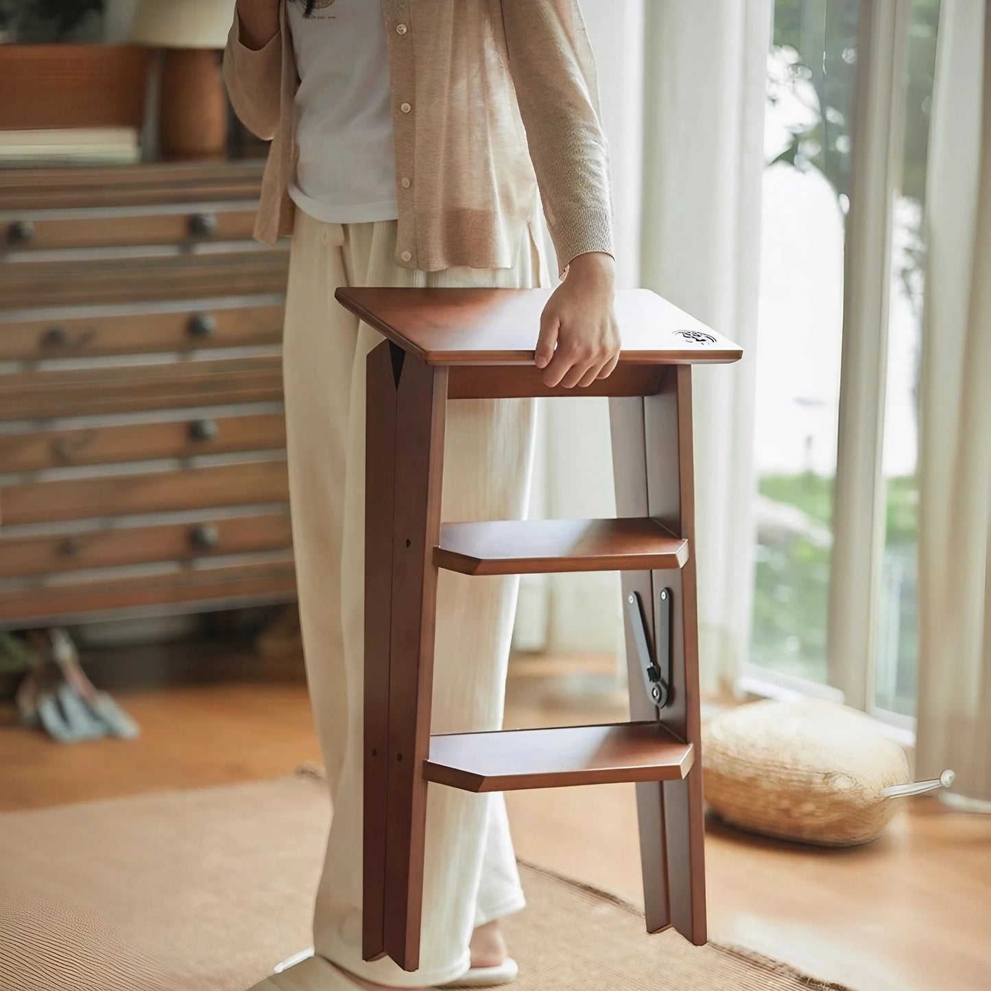 Bamboo Folding Ladder Stool Dual Purpose Ladder