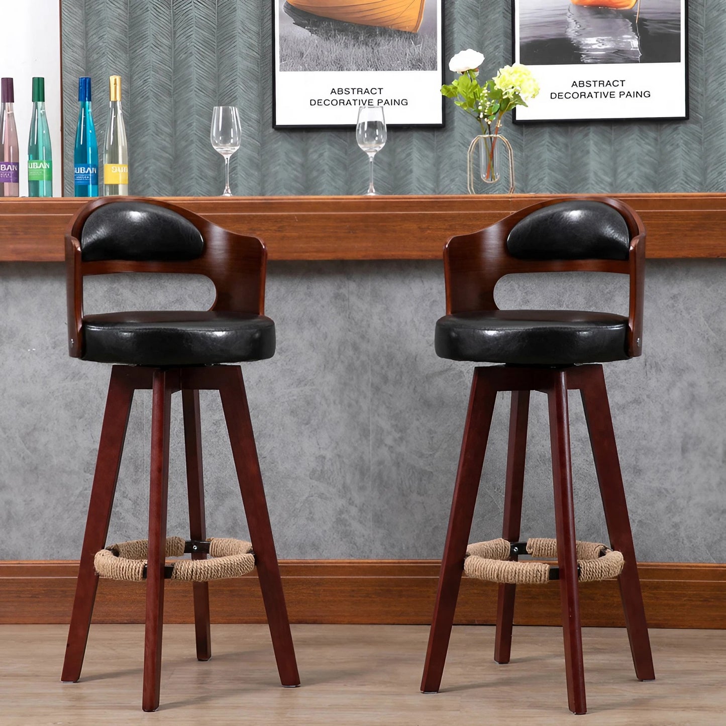 Cowhide Leather Wood Swivel Stools Counter Stools Bar Stools with Backs