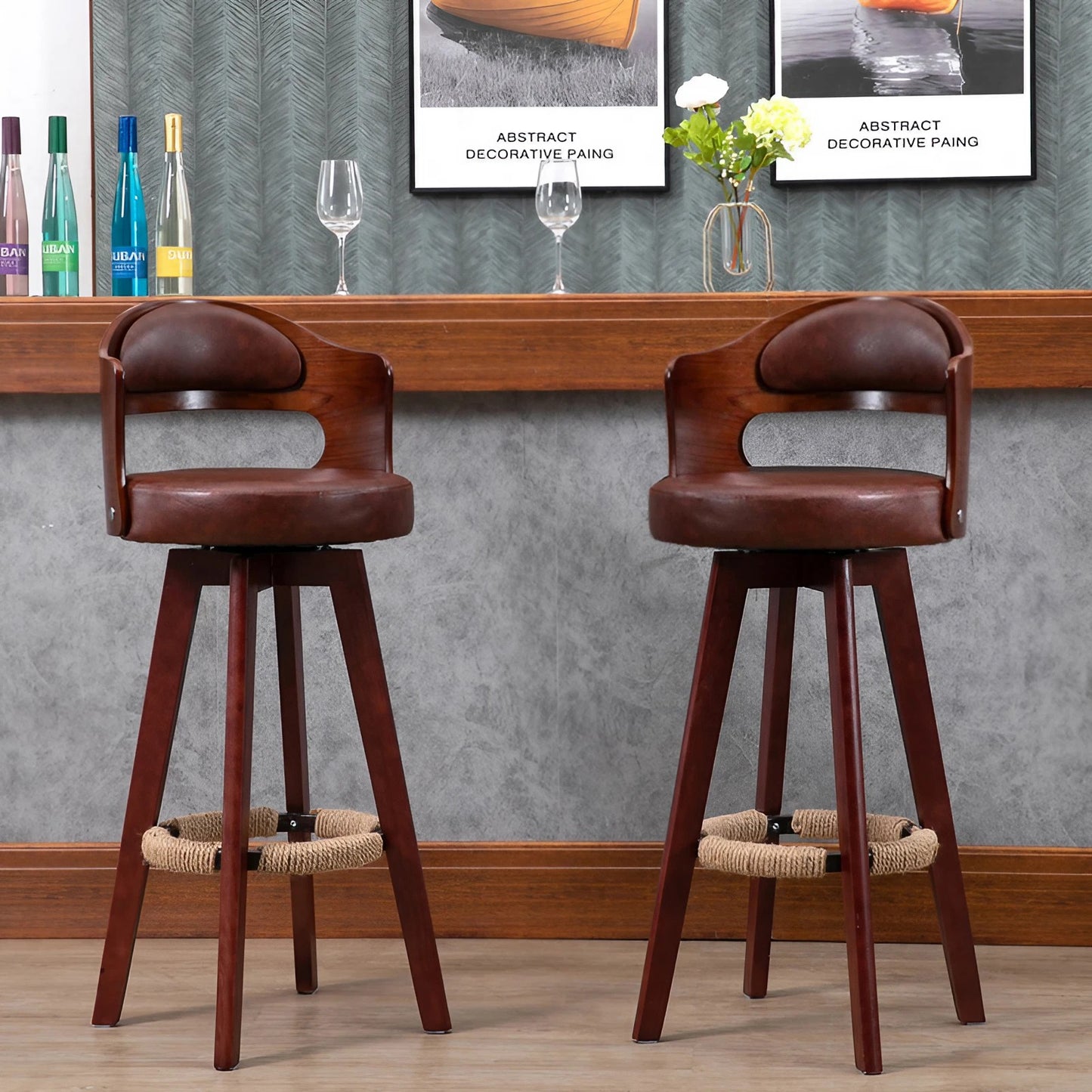 Cowhide Leather Wood Swivel Stools Counter Stools Bar Stools with Backs