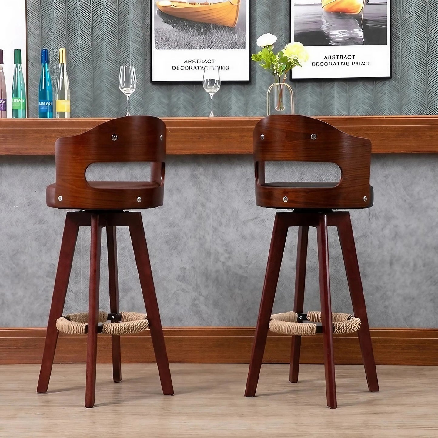 Cowhide Leather Wood Swivel Stools Counter Stools Bar Stools with Backs