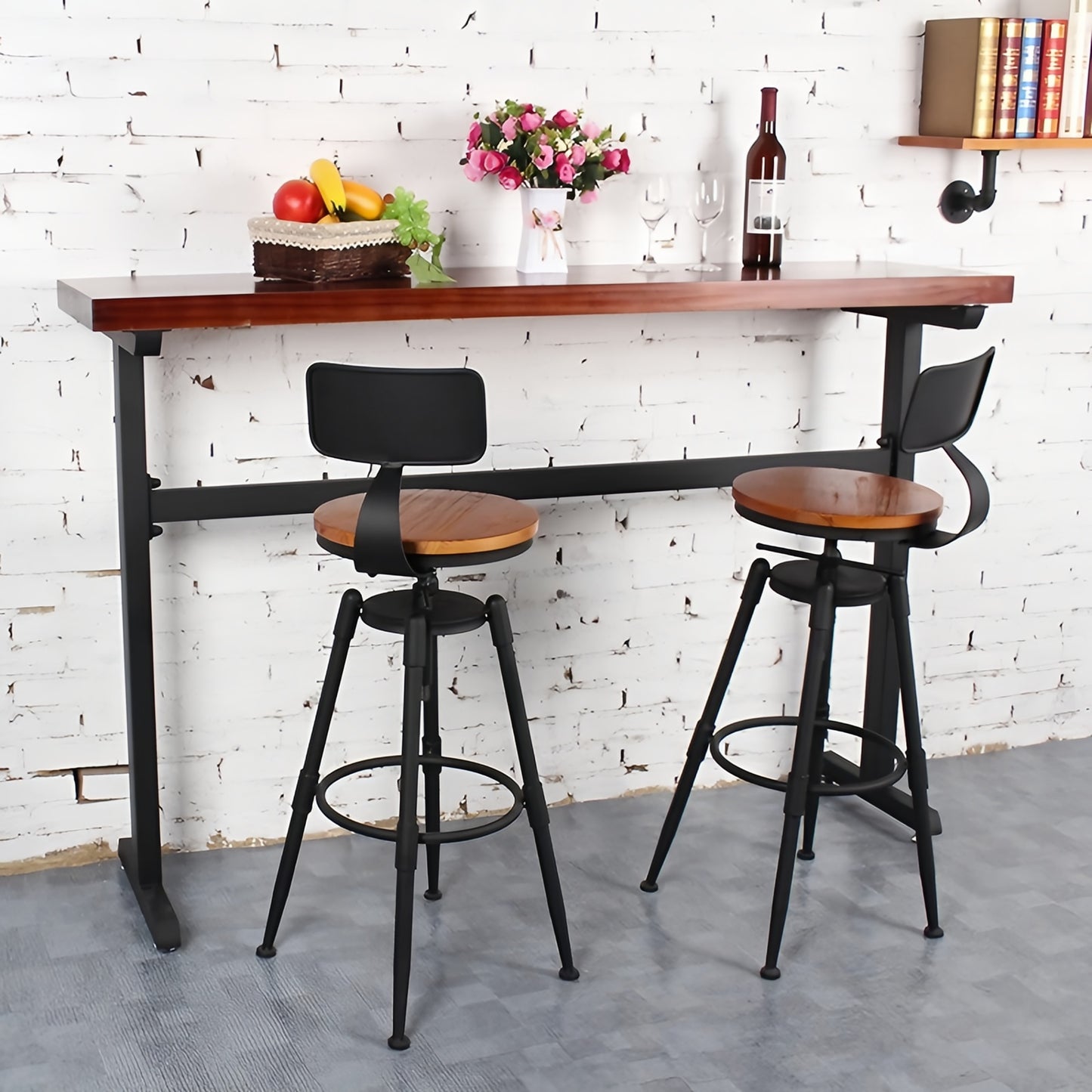 Solid Wood Steel Swivel Lift Bar Stool with Backs Counter Stools