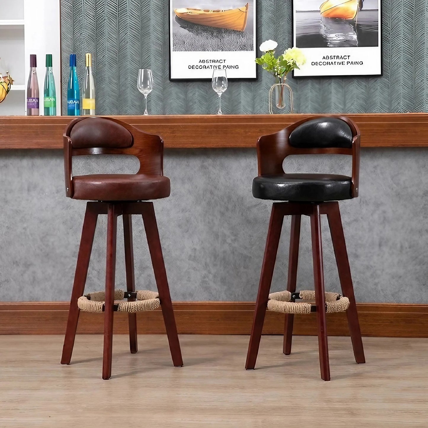 Cowhide Leather Wood Swivel Stools Counter Stools Bar Stools with Backs