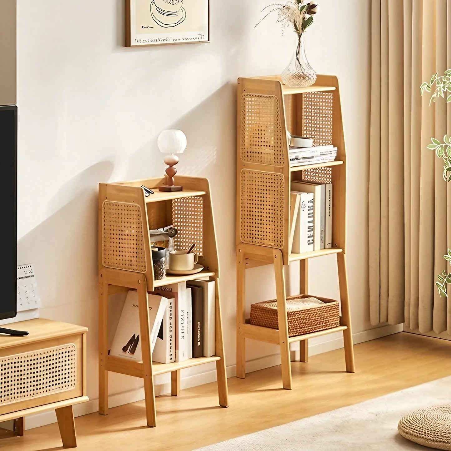 Bamboo And Rattan Bookshelf Storage Rack Corner Cabinet