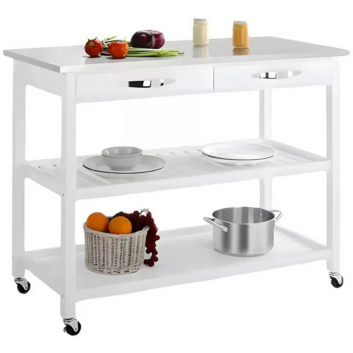 White Kitchen Cart with Stainless Steel Top  Mobile Kitchen Butcher Block Table Island With Drawer