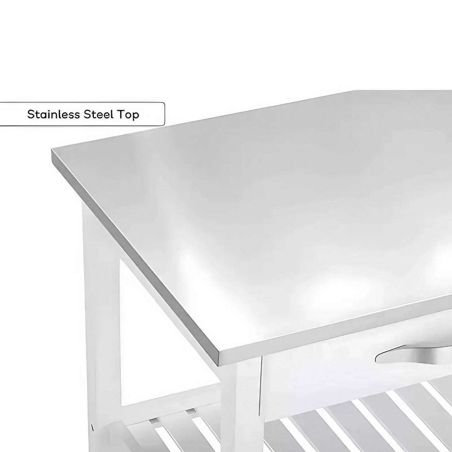 White Kitchen Cart with Stainless Steel Top  Mobile Kitchen Butcher Block Table Island With Drawer