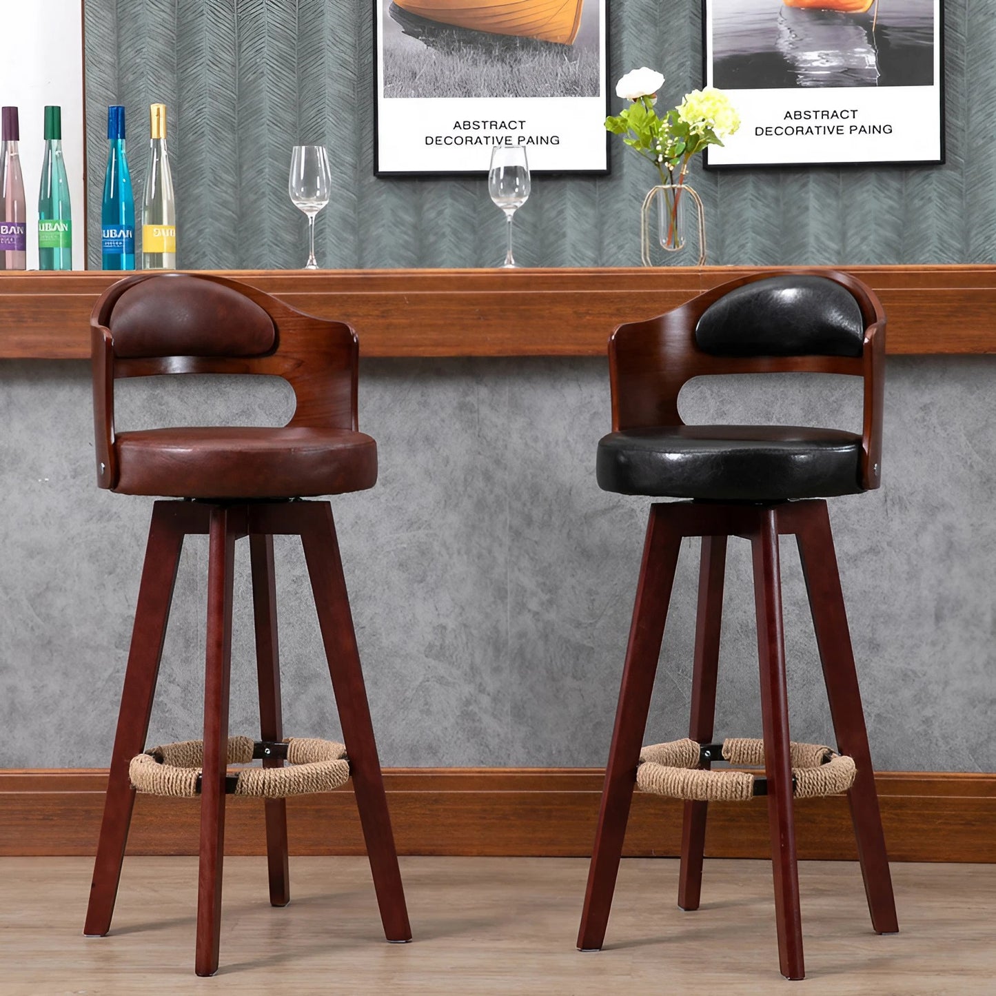 Cowhide Leather Wood Swivel Stools Counter Stools Bar Stools with Backs