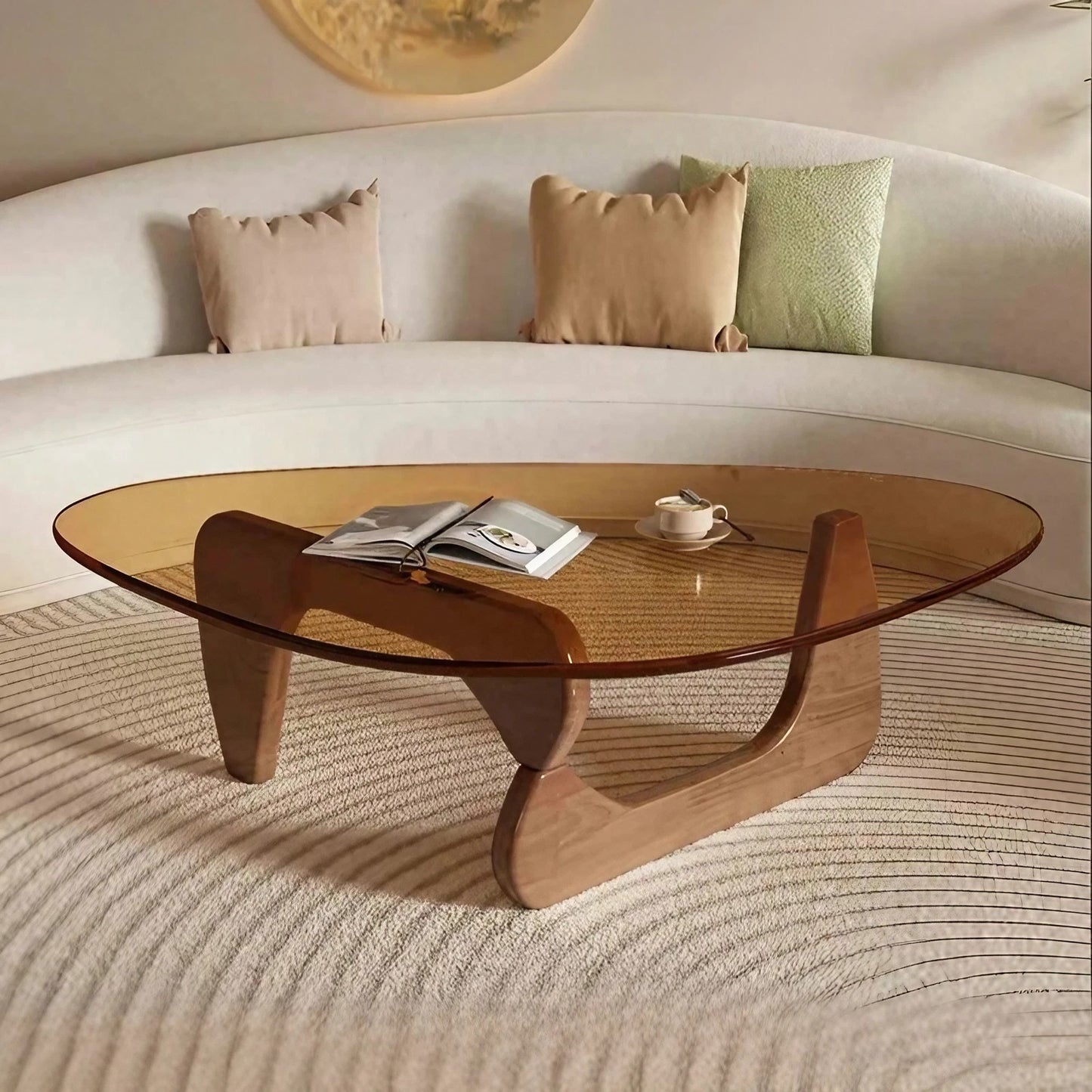 Oak Foot Glass Top Coffee Table Irregular Shape Coffee Table for Living Room