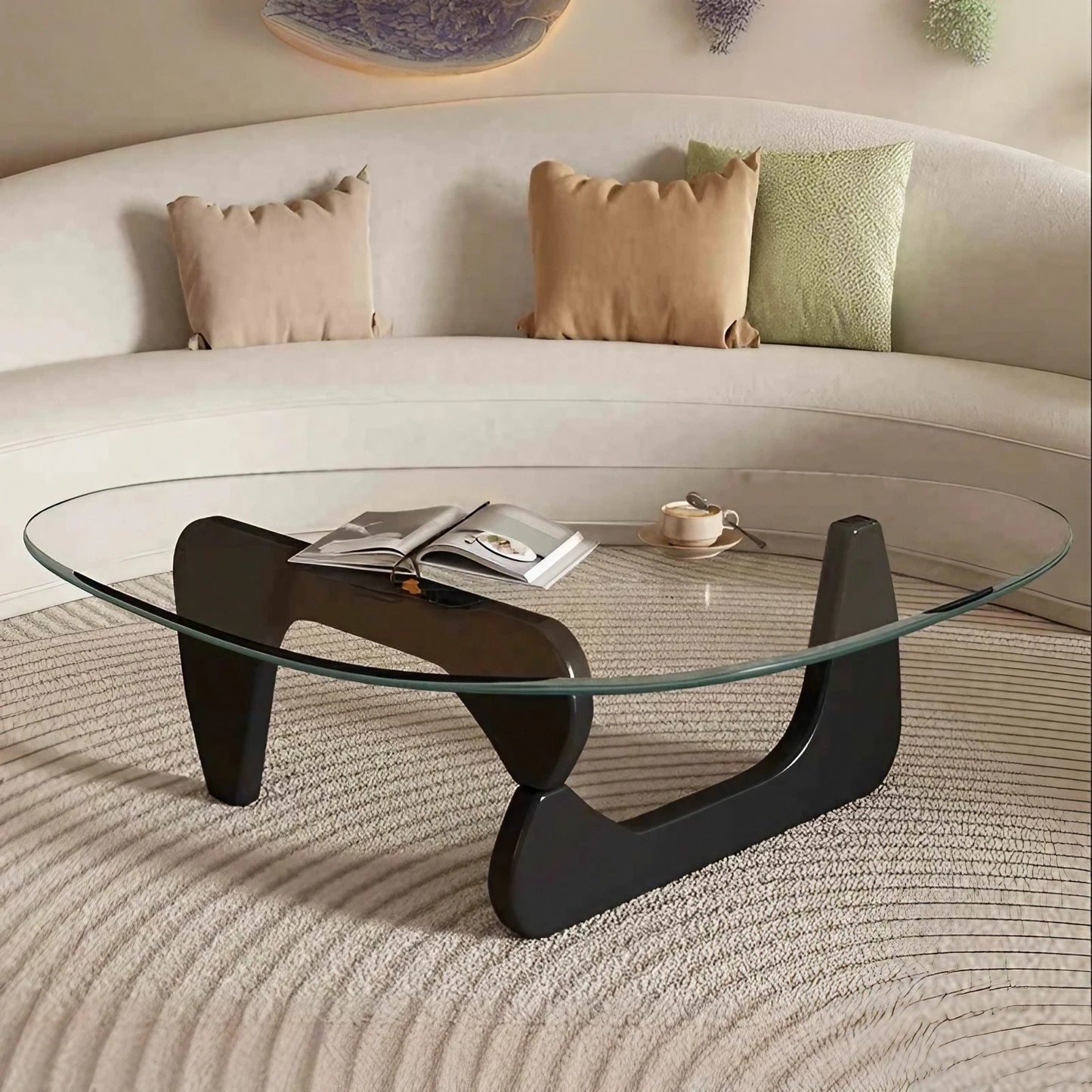 Oak Foot Glass Top Coffee Table Irregular Shape Coffee Table for Living Room