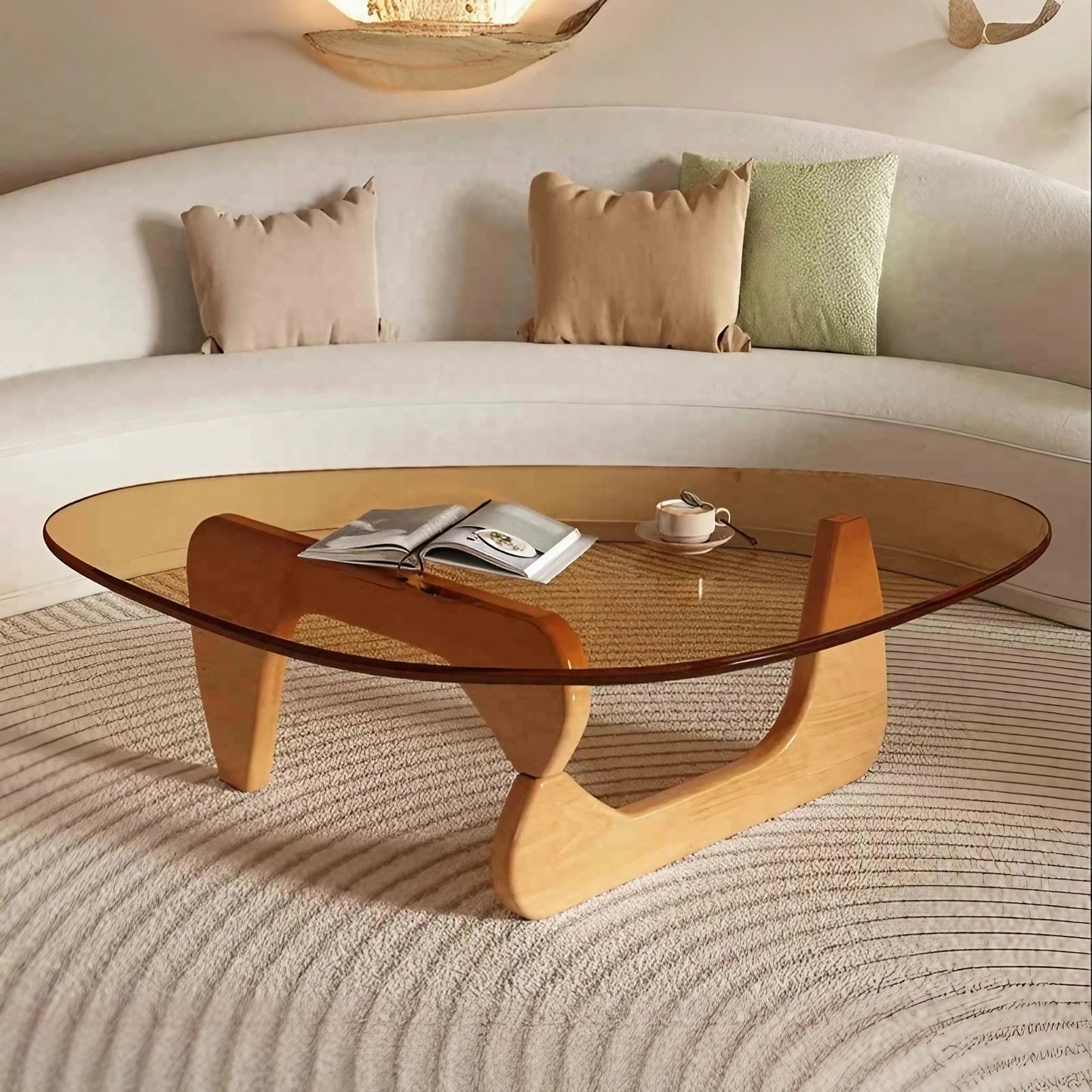 Oak Foot Glass Top Coffee Table Irregular Shape Coffee Table for Living Room