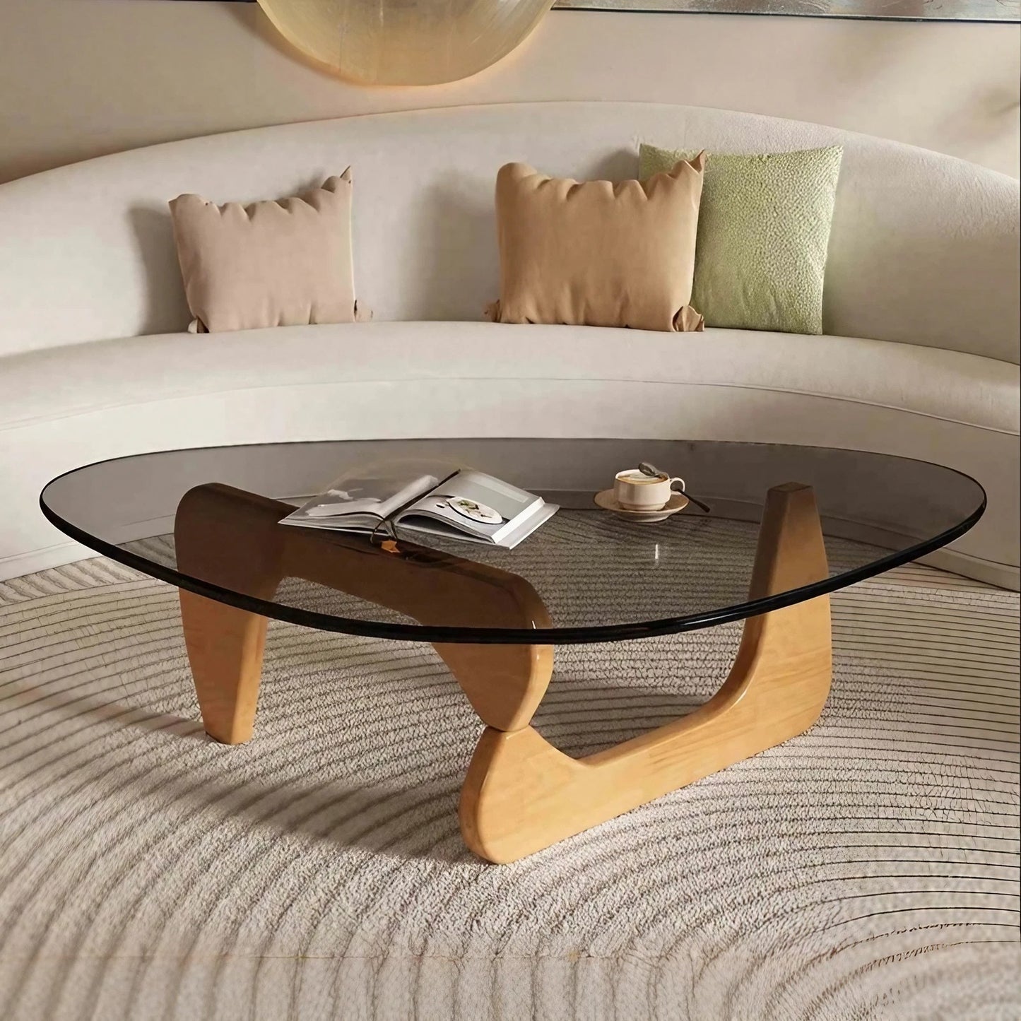 Oak Foot Glass Top Coffee Table Irregular Shape Coffee Table for Living Room